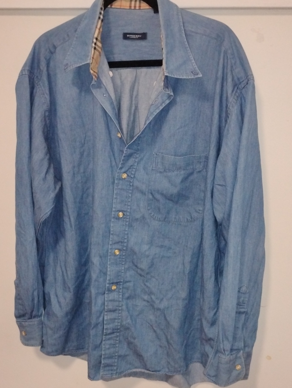 Burberry Light Blue Denim Button-Down Shirt with Check Collar Trim